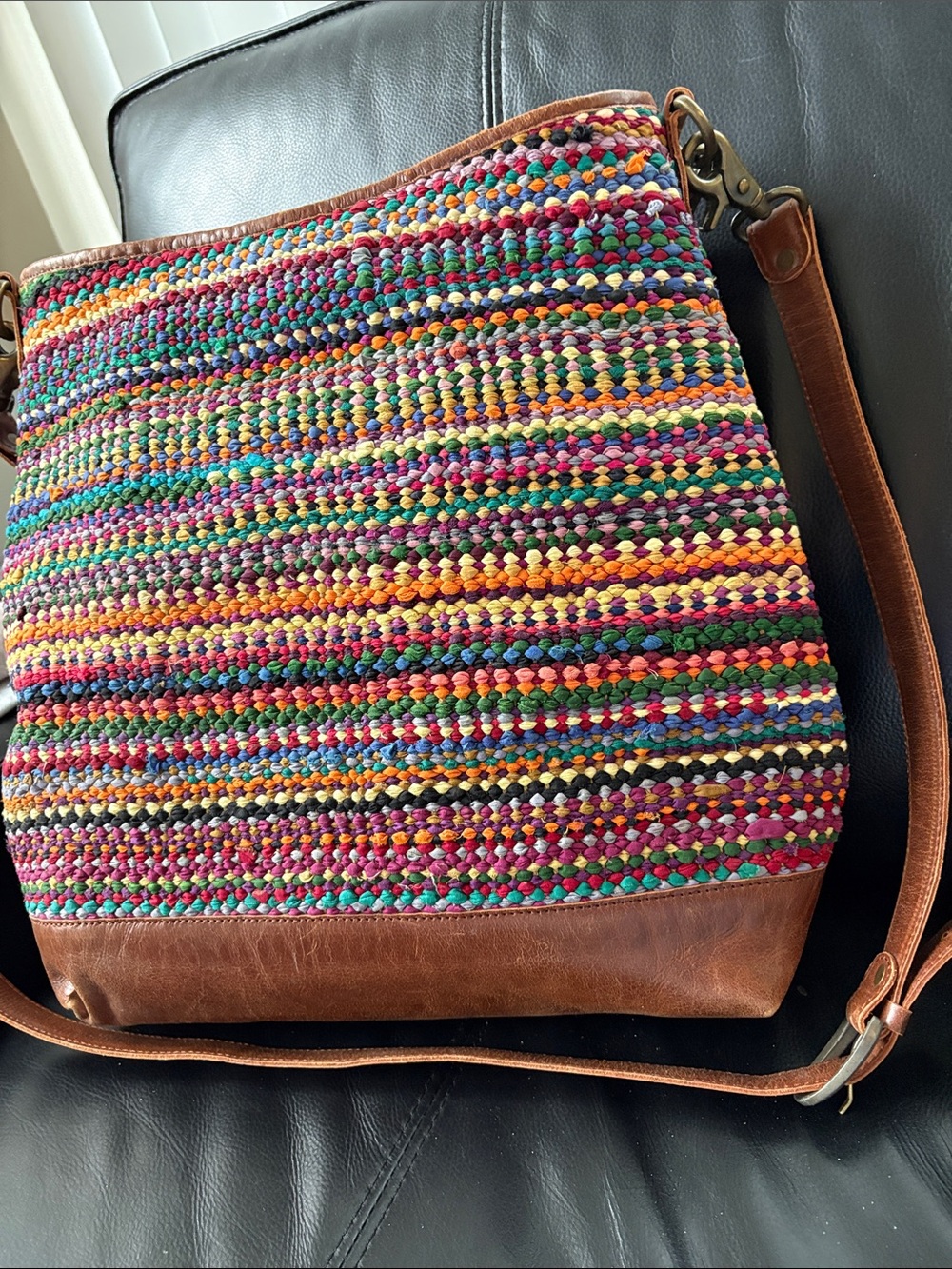 Large Jute And Cotton Multicolor Crochet Shoulder Bag with Brown Leather Trim - Picture 14 of 14